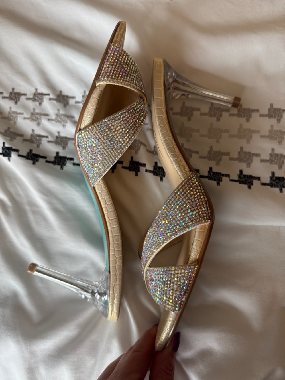 Betsey Johnson Champagne Iridescent Crystal Crossover Mules - Picture 2 of 4